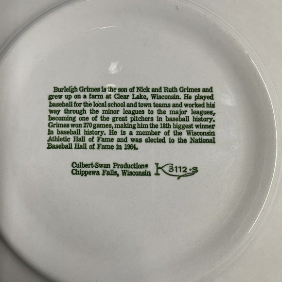 Burleigh A Grimes Pitcher Collectible Plate Clear Lake Wisconsin MLB - Picture 7 of 7